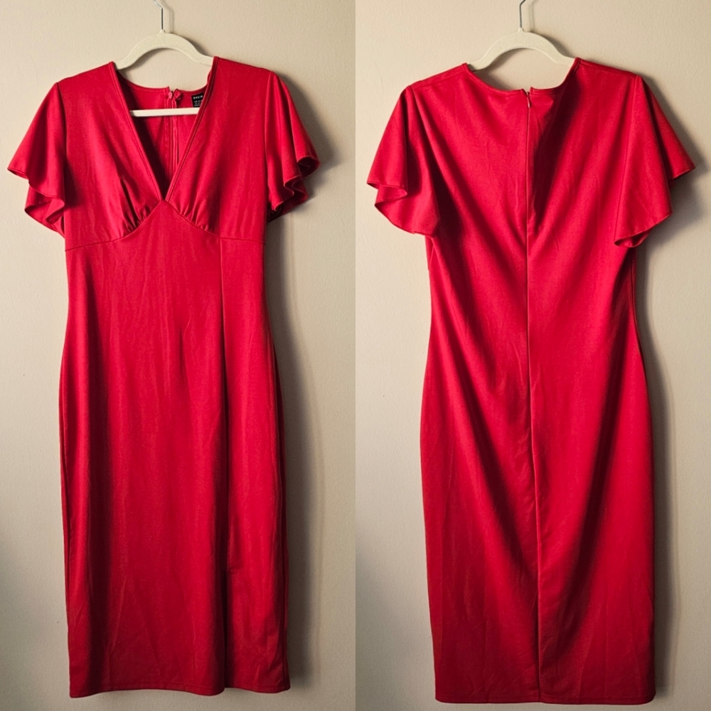 SHEIN Bodycon Flutter Sleeve V-Neck Red Dress (XL)